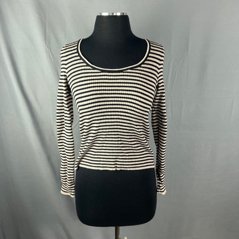 Universal Thread Sweater Women Medium Beige Black Striped Ribbed Knit Scoop Neck